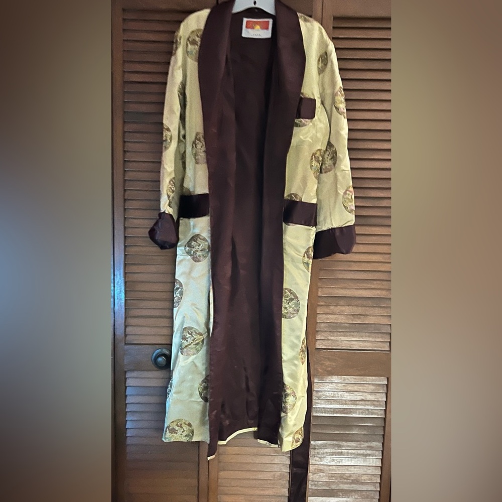 Chinese Vintage Men's Oriental Embroidered Jacquard Robe Smoking Jacket - Picture 7 of 14